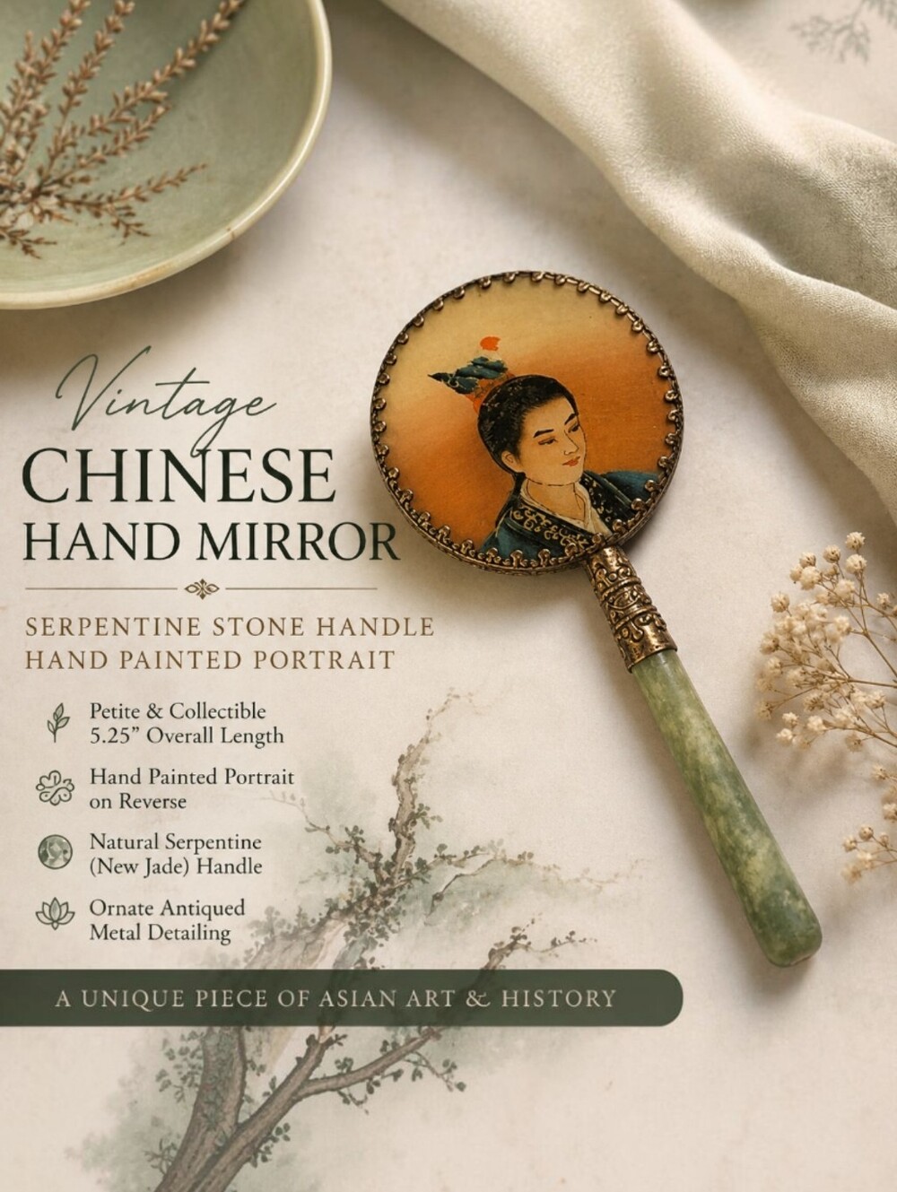 Vintage Chinese Hand Mirror Serpentine Stone Handle Hand Painted Portrait
